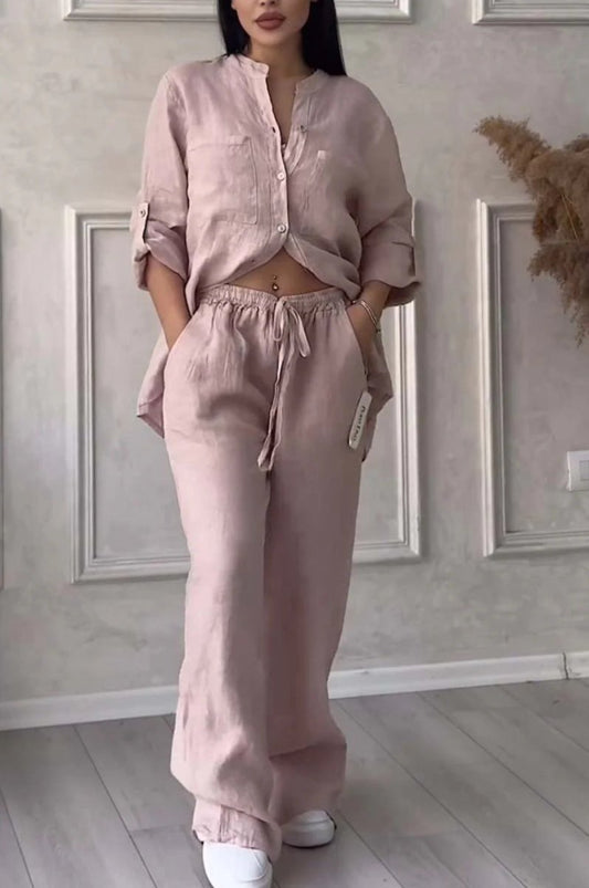 FitiqueFit wide-leg pants and lace-up top two-piece set in solid color, available in 12 colors, sizes S to 5XL.