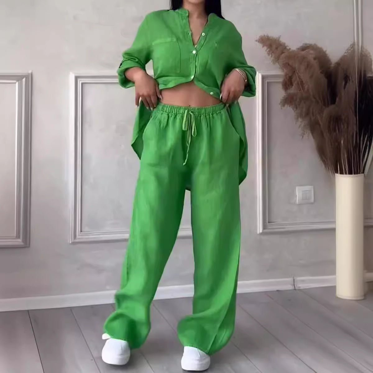 FitiqueFit wide-leg pants and lace-up top two-piece set in solid color, available in 12 shades, size S to 5XL.