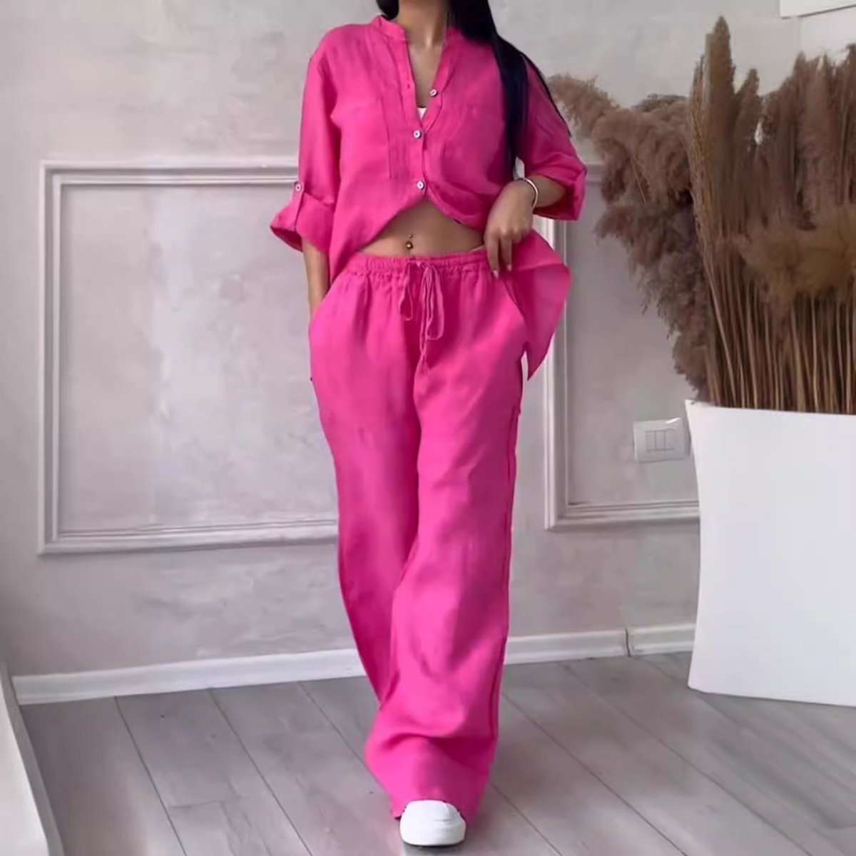 FitiqueFit two-piece set with wide-leg pants and lace-up top in solid color, available in 12 colors, sizes S to 5XL.