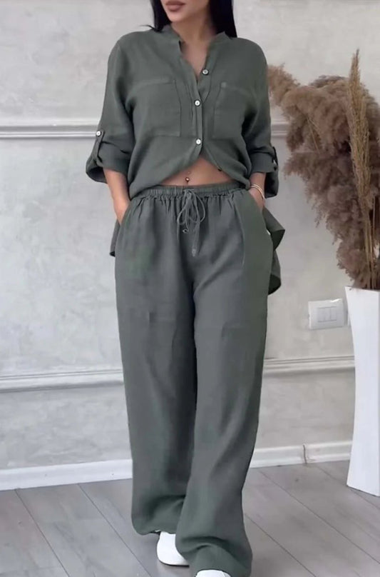 FitiqueFit wide-leg pants and lace-up top two-piece set in solid color, available in 12 colors, sizes S to 5XL.