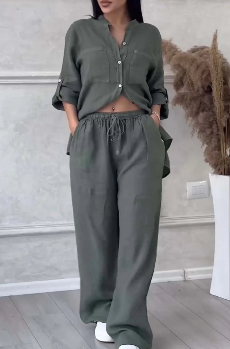 FitiqueFit wide-leg pants and lace-up top two-piece set in solid color, available in 12 colors, sizes S to 5XL.