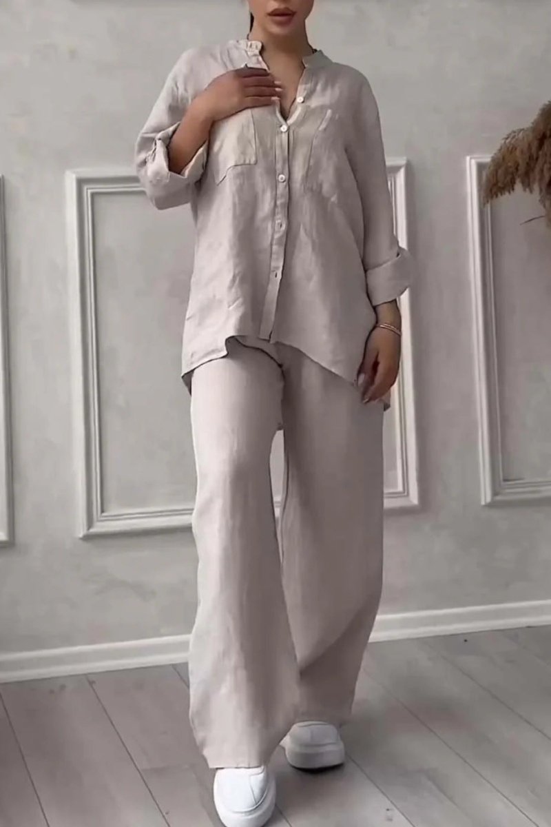 FitiqueFit wide-leg pants and lace-up top two-piece set in solid color, available in 12 shades, sizes S–5XL.