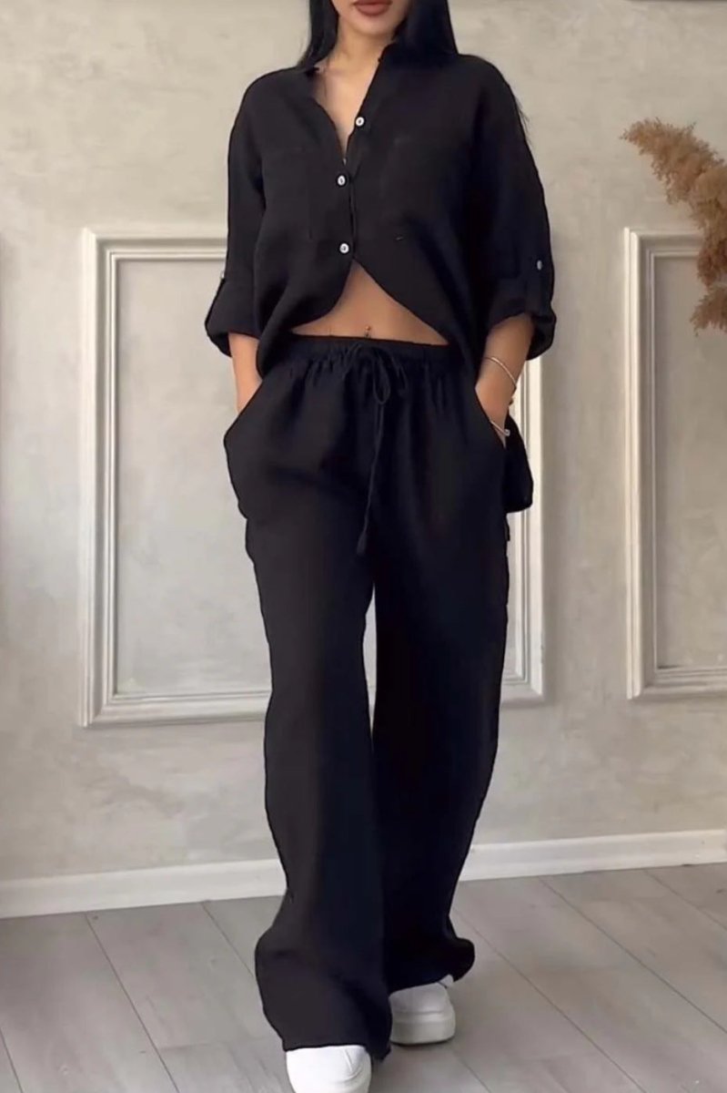 FitiqueFit wide-leg pants and lace-up top two-piece set in solid color, available in 12 colors, sizes S to 5XL.