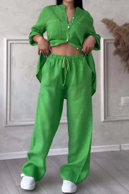 FitiqueFit two-piece set with wide-leg pants and lace-up top in solid color, available in 12 sizes and multiple colors.