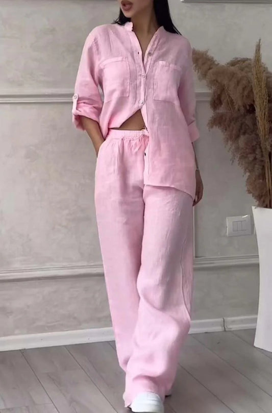 FitiqueFit wide-leg pants and lace-up top two-piece set in solid color, available in 12 colors, size S–5XL.