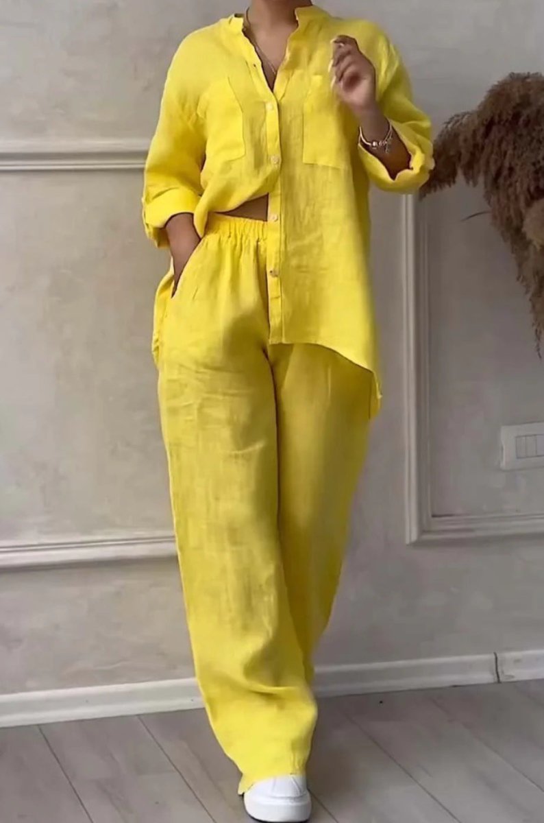 FitiqueFit wide-leg pants and lace-up top two-piece set in solid color, available in 12 shades, sizes S to 5XL.