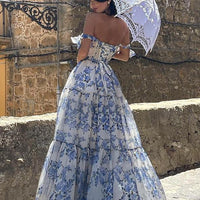 Floral Off-the-shoulder Strap Lace-up Large Swing Skirt Organza Dress - MANDOTOS