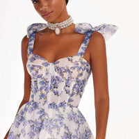 Floral Off-the-shoulder Strap Lace-up Large Swing Skirt Organza Dress - MANDOTOS