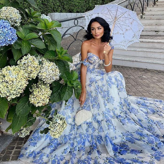 Floral Off-the-shoulder Strap Lace-up Large Swing Skirt Organza Dress - MANDOTOS