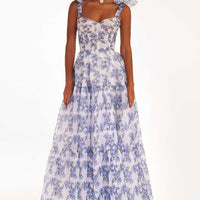 Floral Off-the-shoulder Strap Lace-up Large Swing Skirt Organza Dress - MANDOTOS