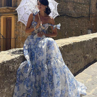 Floral Off-the-shoulder Strap Lace-up Large Swing Skirt Organza Dress - MANDOTOS