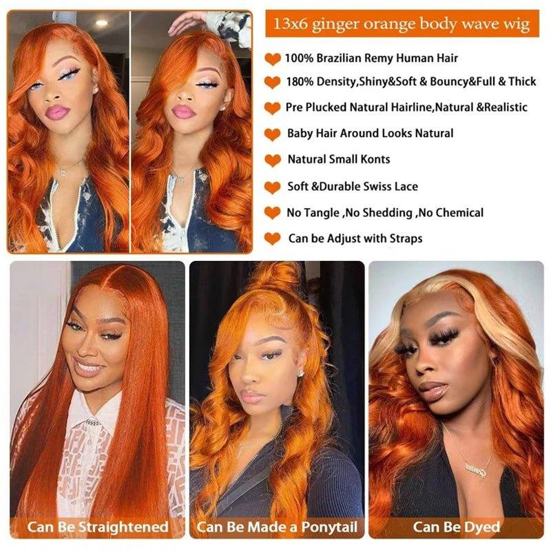 Ginger Orange Body Wave Human Hair Lace Front Wig #350 Colored 13x6 Pre Plucked 200% - MANDOTOS