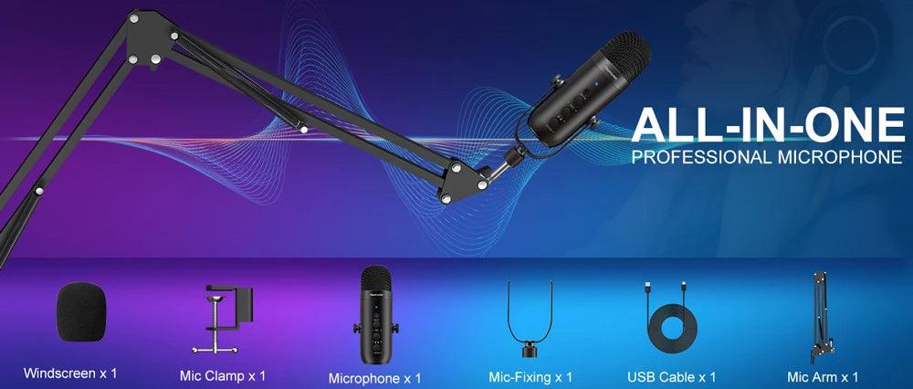 Haomuren Professional USB Streaming Podcast PC Microphone Studio Cardioid Condenser Mic Kit with Boom Arm For Recording YouTube - MANDOTOS