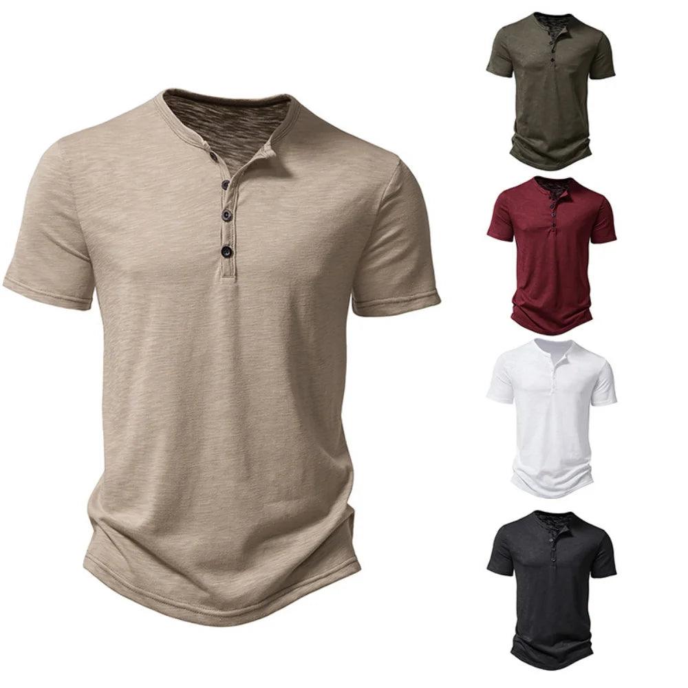 Henley Collar Summer Men Casual Solid Color Short Sleeve T Shirt for Men Polo men High QualityMens T Shirts - MANDOTOS