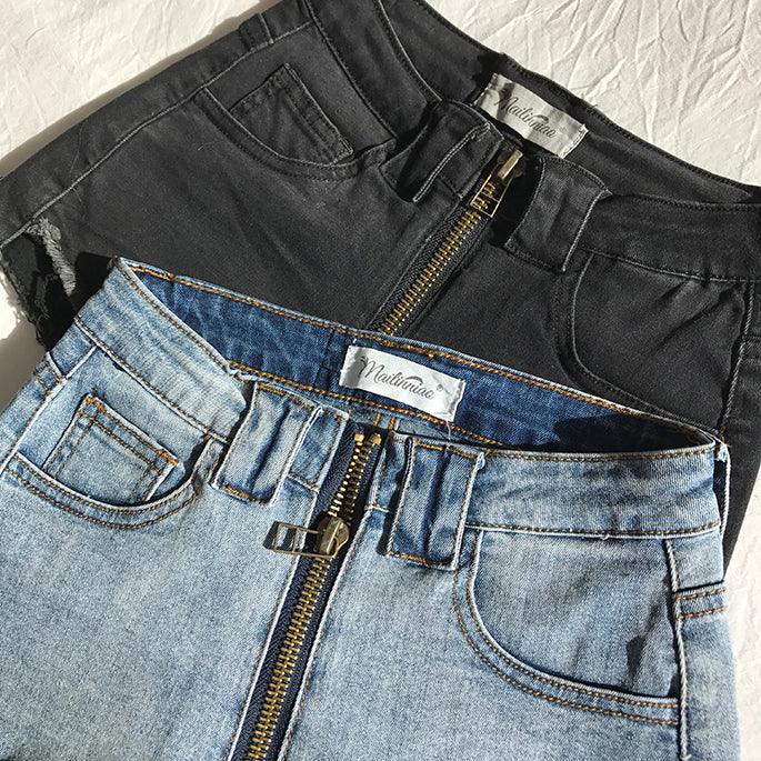 High Waist Xuan Ya Outwear Hip Zipper Denim Shorts - MANDOTOS