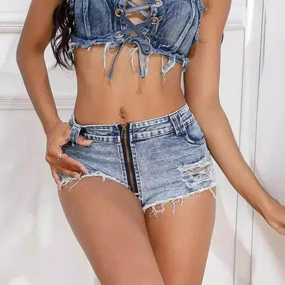 High-Waisted Elastic Short Denim Jeans For Women Sexy Casual Versatile With Holes Summer Fashion Cotton Material - MANDOTOS