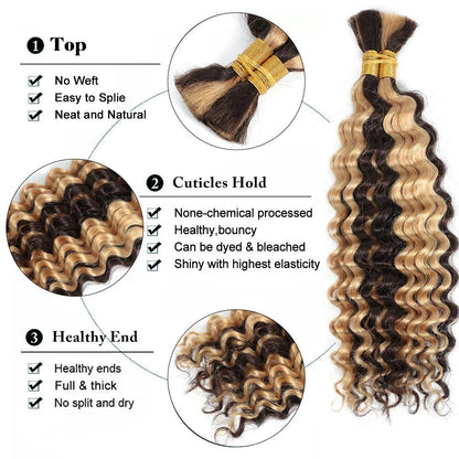 Human Braiding Hair 1 Bundle 20 Inch Human Hair Bundles for Braiding Highlight P4/27 Color Deep Wave Bulk Human Hair Bundles - MANDOTOS