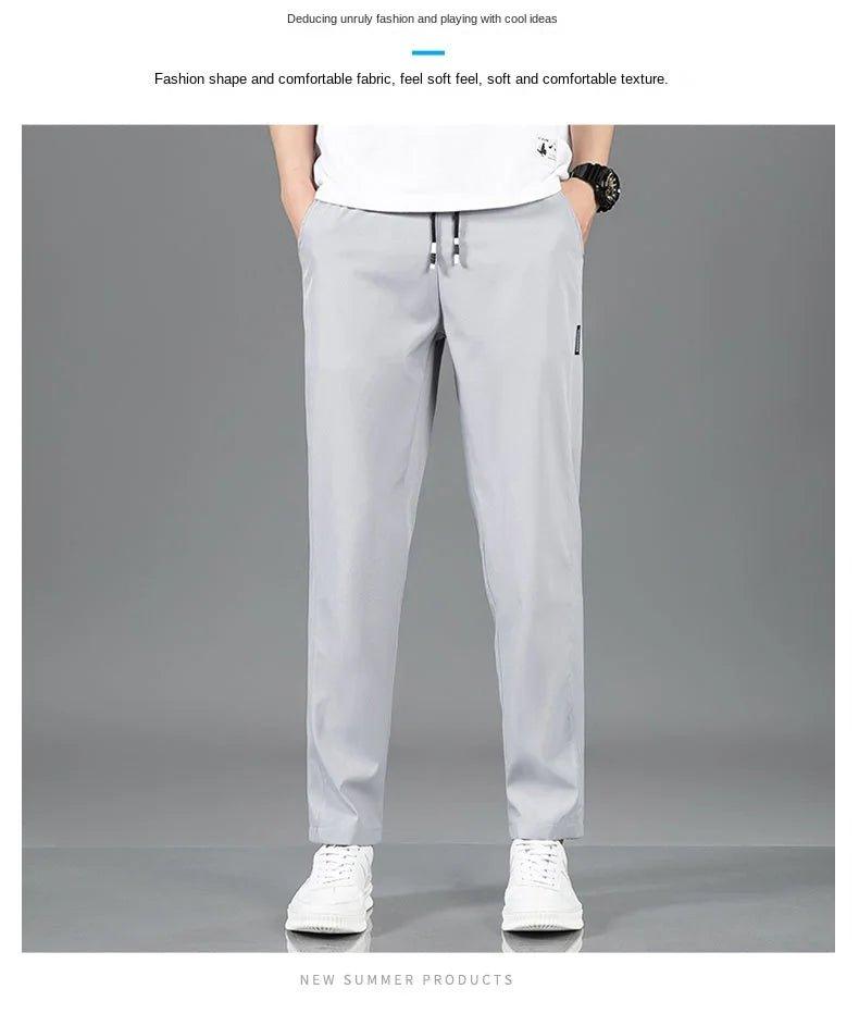 Ice Silk Men's Pants 2025 Summer New Black Gray Thin Business Casual Pants Outdoor Elastic Breathable Straight Leg Sweatpants - MANDOTOS