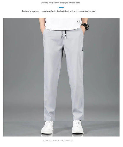 Ice Silk Men's Pants 2025 Summer New Black Gray Thin Business Casual Pants Outdoor Elastic Breathable Straight Leg Sweatpants - MANDOTOS