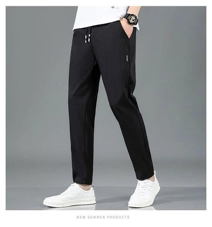 Ice Silk Men's Pants 2025 Summer New Black Gray Thin Business Casual Pants Outdoor Elastic Breathable Straight Leg Sweatpants - MANDOTOS