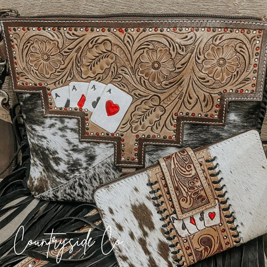 The Gambler Cowhide Wallet: Hand Painted, Unique, 11 Card Slots, 2 Compartments, 7.5x4.5in. - Wallet