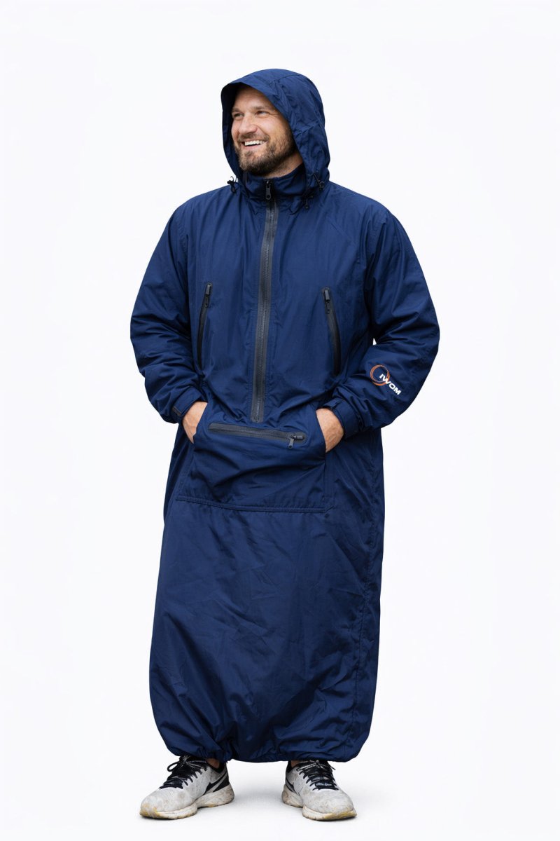 IWOM WeatherShield Convertible Jacket shown in black with hood, multiple pockets, and adjustable cuffs, suitable for outdoor weather.