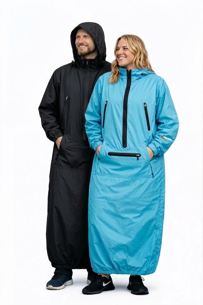 IWOM WeatherShield Convertible Jacket displayed on a hanger, showcasing its adjustable design and weather-resistant features.