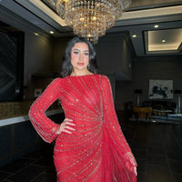 Iyza Belaar Abira sequin modest neckline long sleeve embellished dress with side skirt, elegant evening dress with intricate beadwork.