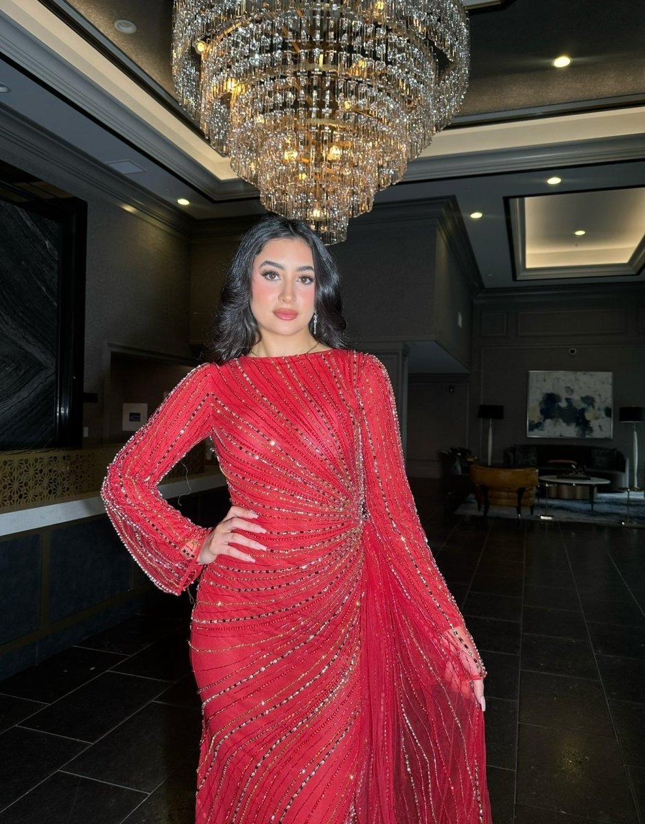 Iyza Belaar Abira sequin modest neckline long sleeve embellished dress with side skirt, elegant evening dress with intricate beadwork.