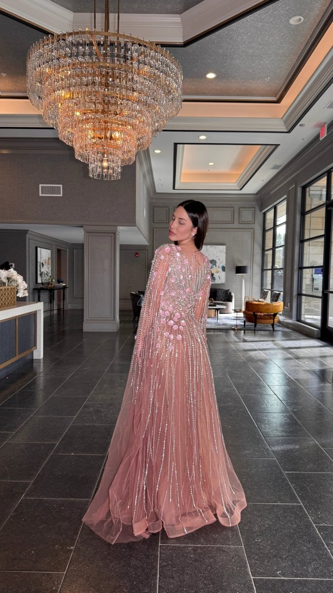 Iyza Belaar Inaya long drape sleeves beaded A-line gown, elegant dress with intricate beadwork and flowing silhouette.