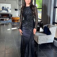 Iyza Belaar Isra long sleeve sequin embellished jersey modest dress, elegant formal dress with sparkling sequin details.