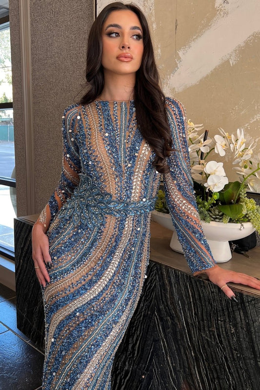 Iyza Belaar Mariam long sleeve beaded dress featuring intricate beadwork and elegant design, perfect for formal occasions.