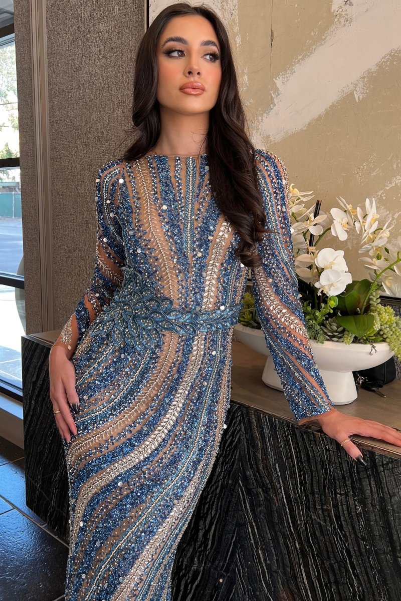 Iyza Belaar Mariam long sleeve beaded dress featuring intricate beadwork and elegant design, perfect for formal occasions.
