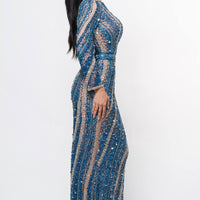 Iyza Belaar Mariam long sleeve beaded dress featuring intricate beadwork and elegant design, perfect for formal occasions.