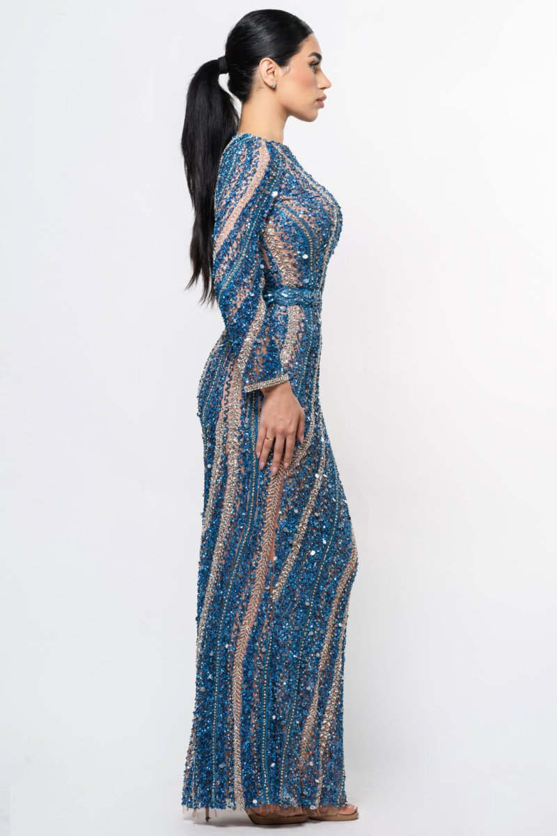 Iyza Belaar Mariam long sleeve beaded dress featuring intricate beadwork and elegant design, perfect for formal occasions.