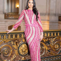 Iyza Belaar Mariam long sleeve beaded dress showing intricate beadwork and elegant design on a stylish evening dress.