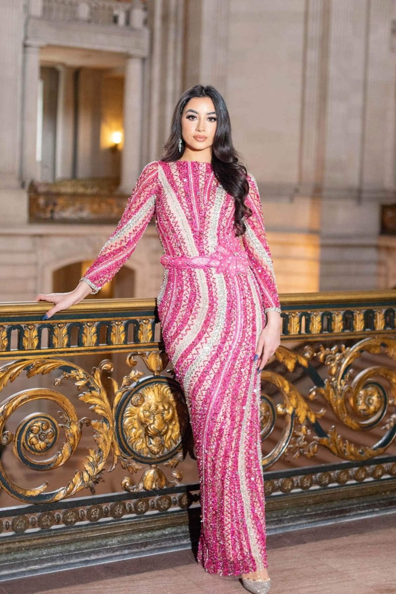 Iyza Belaar Mariam long sleeve beaded dress showing intricate beadwork and elegant design on a stylish evening dress.