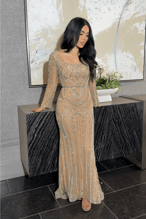 Iyza Belaar Reema sequin embellished long sleeve dress with square neckline, modest style, and intricate detailing.