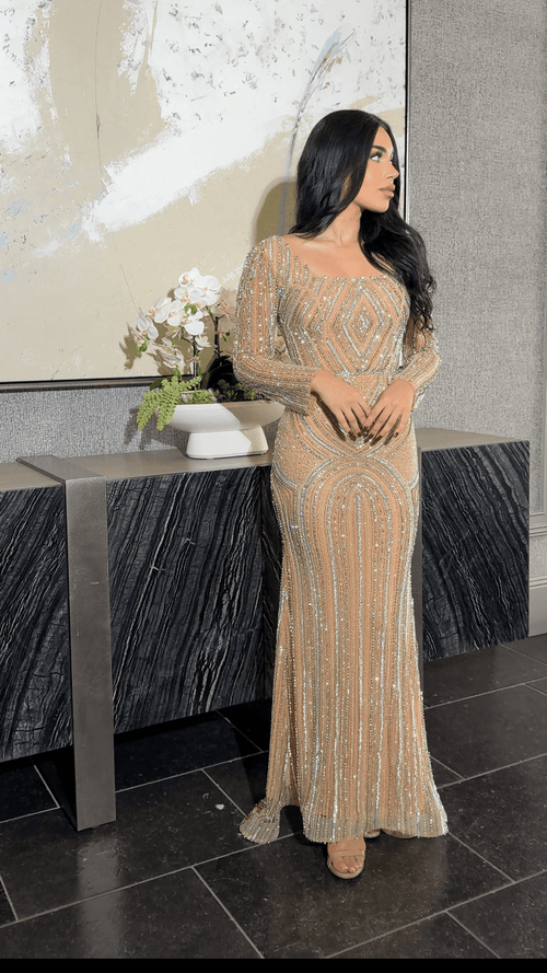 Iyza Belaar Reema Sequin modest long sleeve dress with square neckline and embellished design, perfect for elegant occasions.