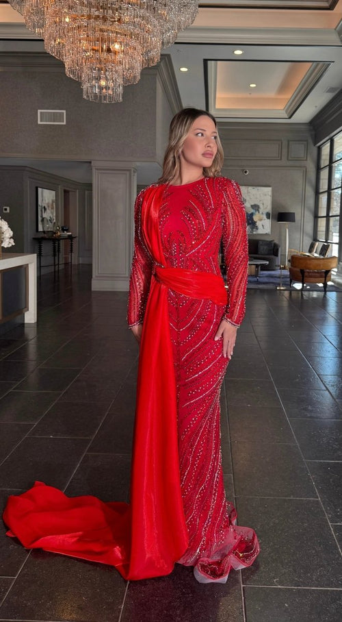 Iyza Belaar Ruba Sequin Modest Neckline Dress with long side organza skirt, elegant evening wear for special occasions.