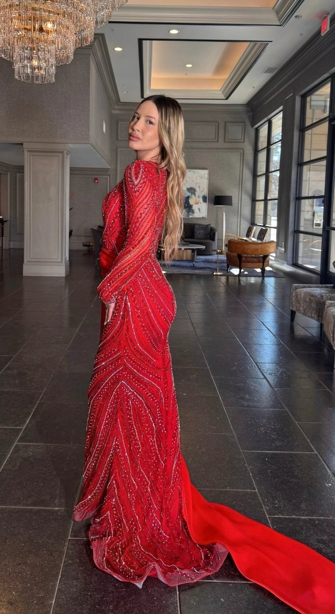 Iyza Belaar Ruba Sequin Dress with modest neckline and long side organza skirt, elegant evening gown with shimmering details.