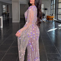 Iyza Belaar Basima long sleeve floral sequin embellished modest evening dress, elegant full-length gown with intricate floral details.