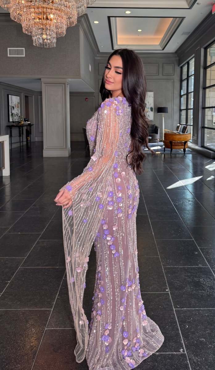 Iyza Belaar Basima long sleeve floral sequin embellished modest evening dress, elegant full-length gown with intricate floral details.