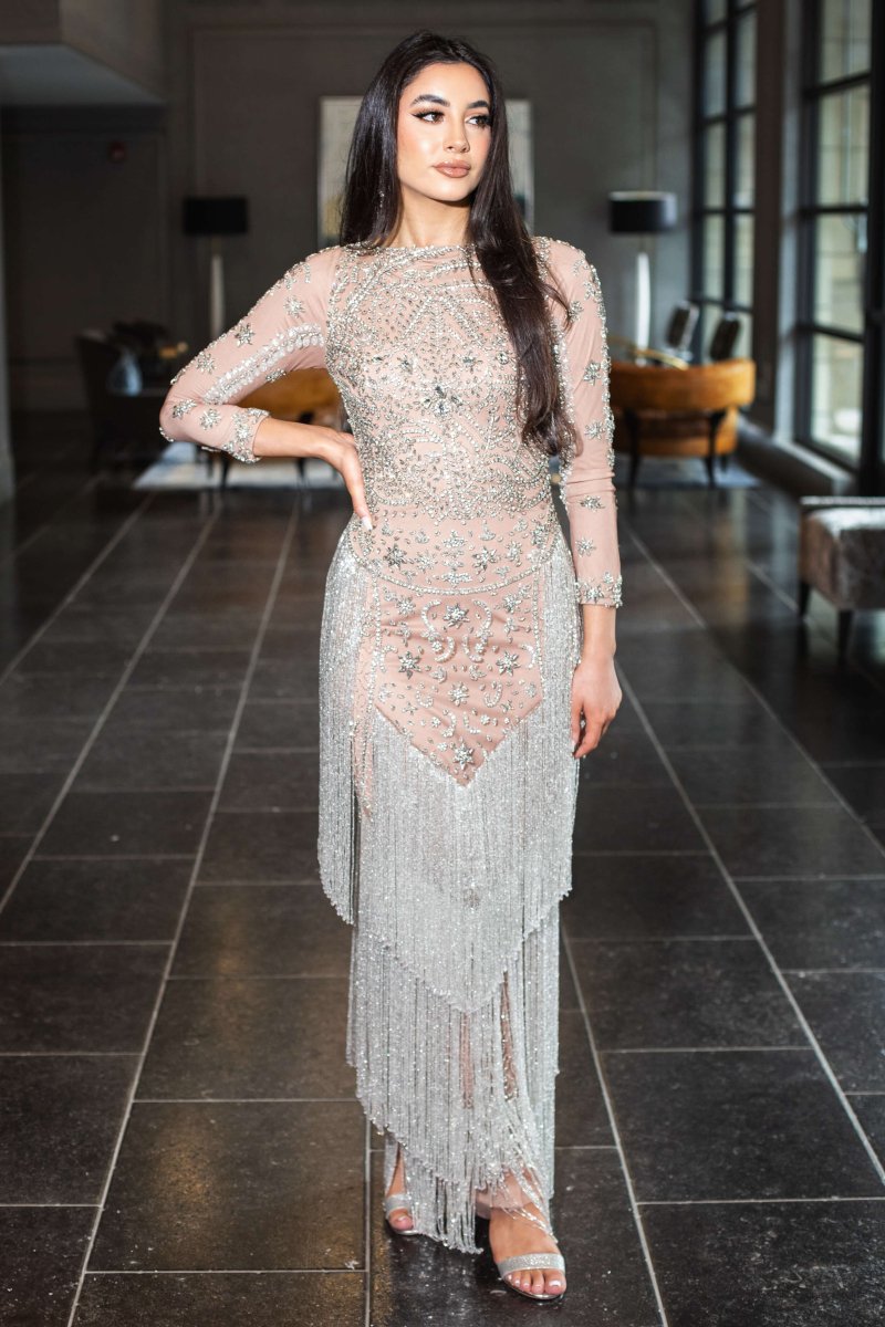 Long Dalia beaded sequin tassel gown by Iyza Belaar featuring long sleeves and a modest design, with intricate beaded detailing.