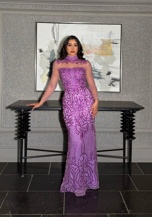 Iyza Belaar Deema long dress with high neckline, tulle fabric, and embroidered details, elegant evening wear for special occasions.