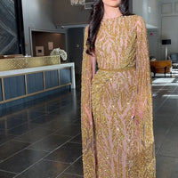 Iyza Belaar Nabilah embellished long dress with cape sleeves, featuring intricate details and elegant design.