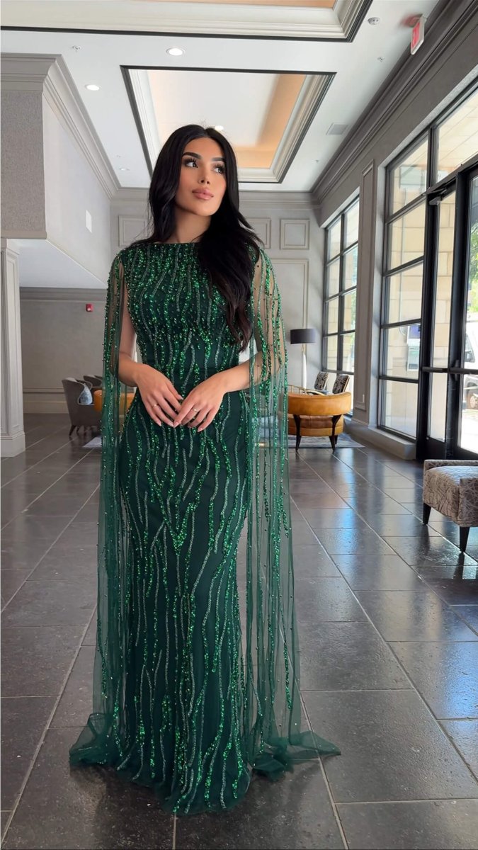 Iyza Belaar Faramah Drape Sleeves embellished fitted sequin evening dress, long modest gown with elegant design and intricate details.