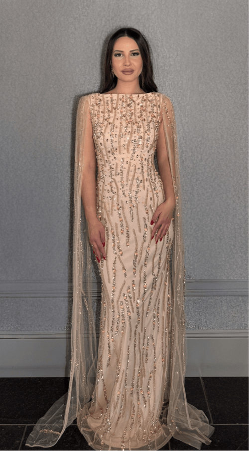 Iyza Belaar Faramah long evening dress with embellished drape sleeves, fitted silhouette, sequins, and modest design.
