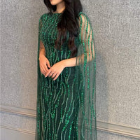 Elegant Faramah Drape Sleeves embellished fitted sequin evening dress by Iyza Belaar, featuring a modest long dress design.