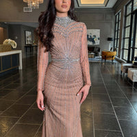 Iyza Belaar Rania long sleeve beaded high-neck dress, elegant long dress with intricate beadwork and a high neckline.